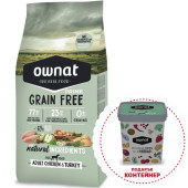 Натурална суха храна Ownat Grain Free Prime ADULT CHICKEN & TURKEY - БЕЗ зърнени култури, с 77% качествено месо, пиле и пуйка 12кг + подарък контейнер